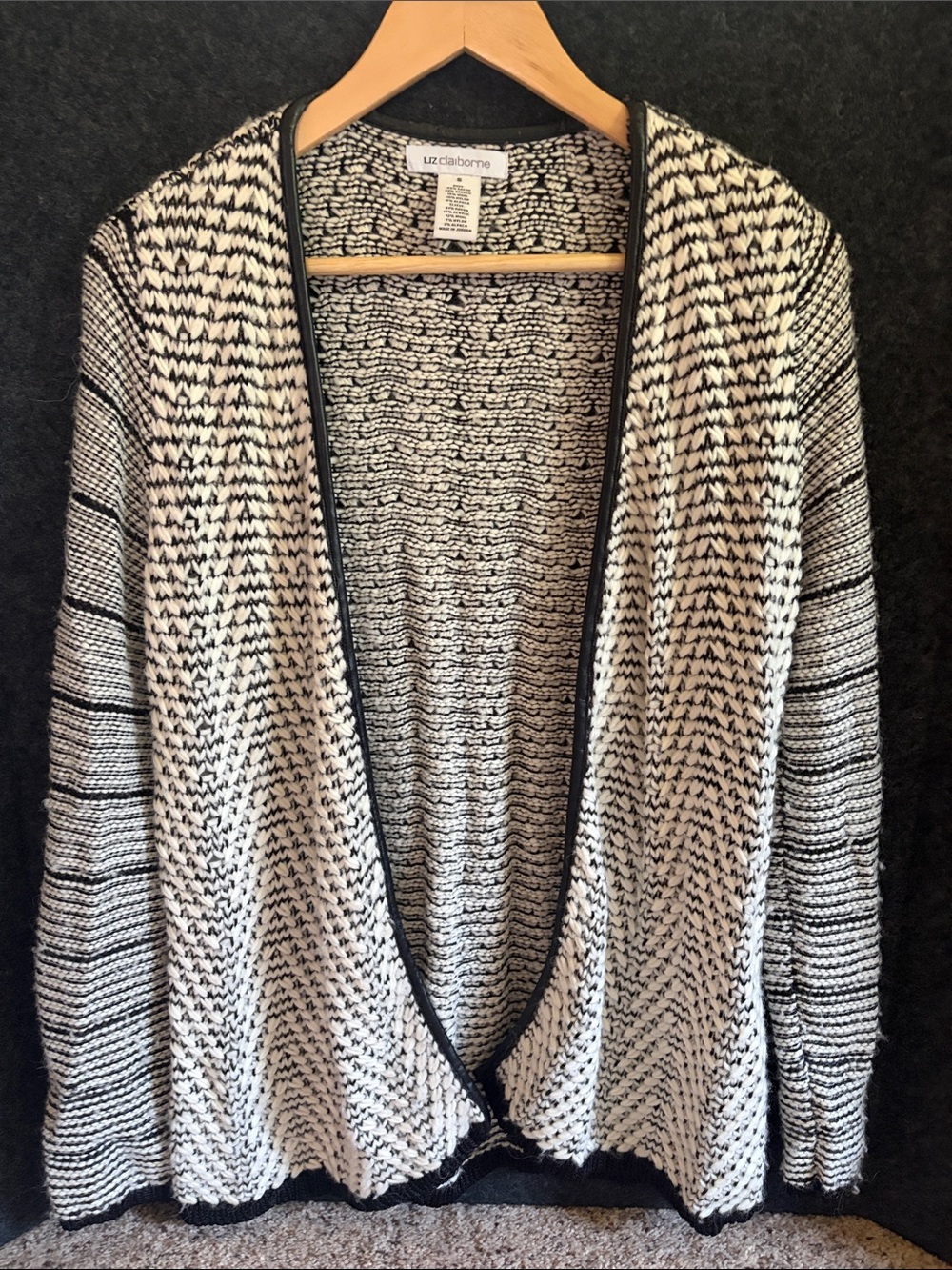 Liz Claiborne Black and White Open-Front Cardigan with Faux Leather-Trim